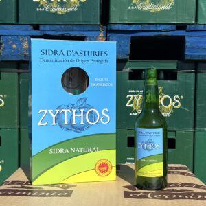 Estuche de 2 botellas, vaso y tapón escanciador de Sidra Zythos DOP de Llagar Herminio
